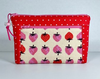 Strawberries and Dots Double Zip Pouch. Red + Pink Makeup Bag. Faux Suede Zip Pull with Acrylic Candy Bead. Cosmetic Bag. Devon Pouch.