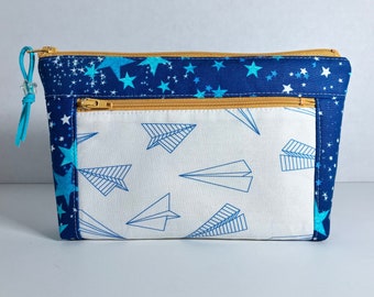Paper Airplanes and Stars Double Zipper Pouch. Faux Suede Zip Pull with  Star Bead. Blue + Yellow Makeup, Marker, Cosmetic Bag. Devon Pouch.