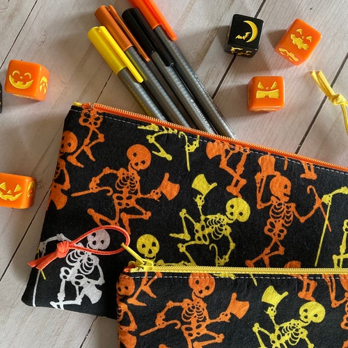 Dancing Bones Halloween Zipper Pouch with Faux Suede Zipper Pull. Candy Corn Skeletons. Makeup Bag. Spooky Coin Purse.