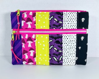 Large Padded Double Zipper Pouch w/Faux Suede Zip Pulls and Clear Beads. 8.5 x 11.5 inches. Pink, Purple, Lime Green + Black Halloween.