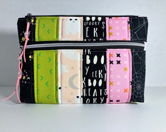 Large Padded Double Zipper Pouch w/Boxed Bottom. 7.5 inches tall x 11.5 wide x 2 deep. Girly Halloween. Pink, Black + Green.