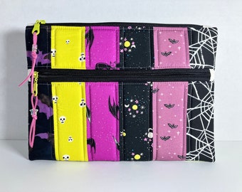 Large Purple + Lime Padded Double Zipper Pouch with Faux Suede Zip Pulls and Star Beads. 8.5 x 11.5 inches. Ruby Star Halloween.