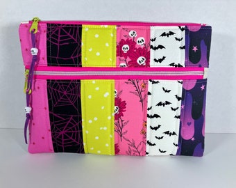 Large Padded Double Zipper Pouch with Faux Suede Zip Pulls and Skull Beads. 8.5 x 11.5 inches. Pink, Lime Green + Purple. Girly Halloween.