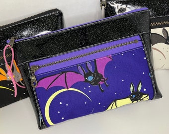 Black Glitter Vinyl + PURPLE TONES Bats, Moon and Stars Double Zipper Pouch with Metal YKK Zippers and Faux Suede Zipper Pull. Boxed Bottom.