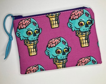 Blue + Fuchsia Zombie Ice Cream Cones Zipper Pouch. 4x6 inches. Halloween Coin Purse. Card and Dice Storage Bag. Custom Printed Fabric
