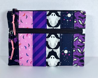 Large Padded Double Zipper Pouch. 8.5 x 11.5 inches. Girly Halloween. Pink, Purple + Black. Metal Rainbow Zip Head with Faux Suede Zip Pulls