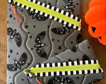 SET: Large, Moth Book Sleeve or iPad Pouch with Matching Pen Pouch. Padded with Foam + Quilted.