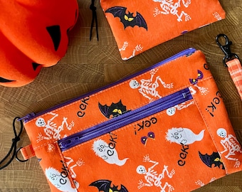 Vintage Halloween Fabric Zipper Pouch Set: Flat Double Zip + Coin Pouch + Wrist Lanyard.