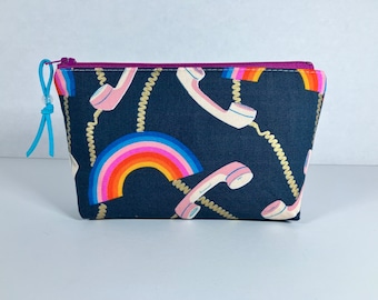 Rainbows + Telephones Zipper Pouch w/Faux Suede Zip Pull and Clear Bead. Ruby Star Society Social. 4 1/2 x 7 1/2 with 2 inch Boxed Bottom.
