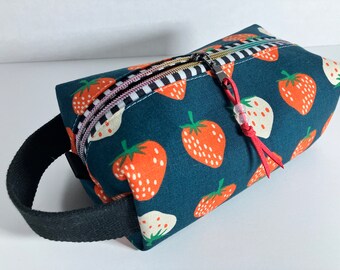 Ruby Star Society Strawberries Cotton Linen Canvas Boxy Bag with Cotton Handle, Faux Suede Zipper Pull and Clear Beads. RSS Lining.