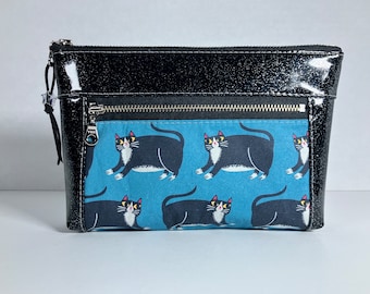 Black Glitter Vinyl + Chonky Cats Double Zipper Pouch with Metal YKK Zippers. Devon Pouch Makeup Bag.