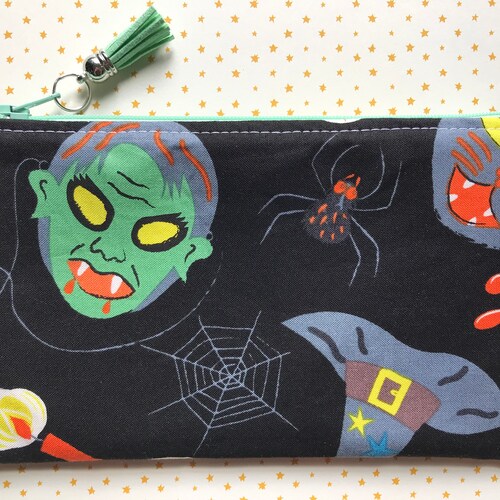 Scary Disguise Halloween Zipper Pouch with Suede Tassel Zipper Pull. Vintage Halloween. Wolfman, Dracula, Monsters Zipper Bag.