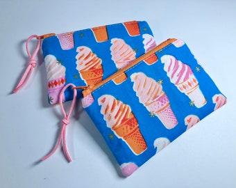 Ice Cream Cones Coin Pouch, Small, 3 x 5 inches. Ruby Star Society Social Fabric. Blue Ice Cream Zipper Pouch. Cute Change Purse.