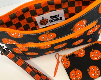 3 Piece Halloween Wristlet Set. JOL Double Zip Pouch with Coin Pouch and Removable Wrist Lanyard. Created with Vintage Halloween Fabric!