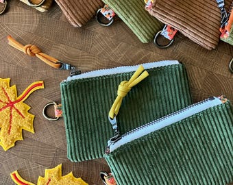 Cozy Corduroy + Calico with Vintage ‘70s Fabric. Moss Coin Pouch with Metal Zipper and D-Ring + Paracord Zip Pull. Fall/Autumn Zip Pouches.