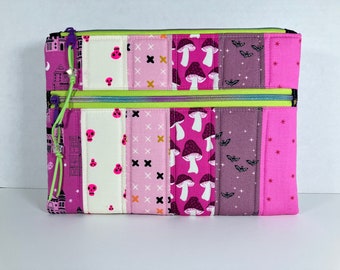 Large Padded Double Zipper Pouch with Faux Suede Zip Pulls and Star Beads. 8.5 x 11.5 inches. Pink Halloween. Bats and Skulls. Ruby Star.