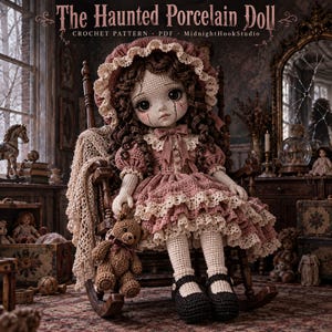 May include: A crocheted doll with dark curly hair, wearing a dusty rose dress with cream lace trim and a matching bonnet. The doll has large black eyes, tear-like markings on its cheeks, and holds a small brown crocheted teddy bear.