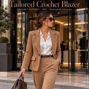 May include: A tan crochet blazer with a single button closure, notched lapels, and flap pockets. The blazer is worn over a white button-down shirt and tan trousers with a brown belt. Text reads: Tailored Crochet Blazer, CROCHET PATTERN, PDF, MidnightHookStudio.