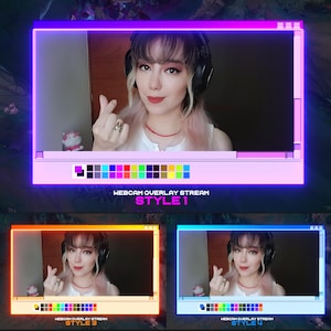 Puede incluir: Una superposición de cámara web digital para streaming con un marco rectangular de borde neón brillante. El diseño incluye un panel inferior con una cuadrícula de paleta de colores. Las etiquetas de texto dicen WEBCAM OVERLAY STREAM, STYLE 1, 3 y 4.