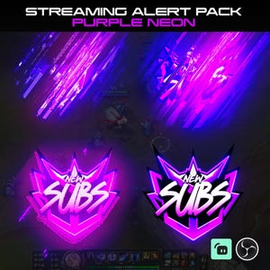 Puede incluir: Un paquete de alertas de streaming titulado STREAMING ALERT PACK PURPLE NEON, que presenta dos iconos en forma de escudo con el texto NEW SUBS en blanco, rodeados de vibrantes efectos de luz púrpura y rosa neón.