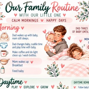 May include: A family routine chart titled Our Family Routine With Our Little One, featuring illustrations of a baby, parents, and daily schedules. The text outlines morning, daytime, evening, and night tasks with icons for feeding, sleeping, and bathing, decorated with floral accents and hearts.
