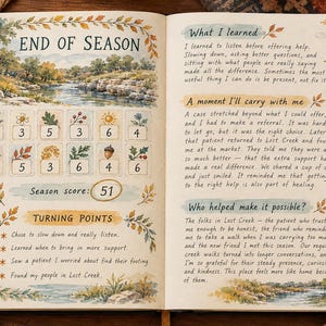 May include: An open journal page titled END OF SEASON featuring a watercolor landscape, a grid of numbered boxes with autumn icons, a season score of 51, and a section titled TURNING POINTS. The right page includes headers What I learned, A moment I'll carry with me, and Who helped make it possible with handwritten text.