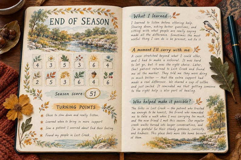 May include: An open journal page titled END OF SEASON featuring a watercolor landscape, a grid of numbered boxes with autumn icons, a season score of 51, and a section titled TURNING POINTS. The right page includes headers What I learned, A moment I'll carry with me, and Who helped make it possible with handwritten text.