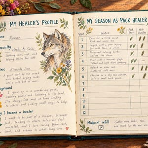 May include: An open journal with cream-colored pages featuring a My Healer's Profile section with a wolf illustration and a My Season as Pack Healer tracking table. The pages are decorated with watercolor floral illustrations and handwritten text.