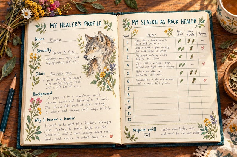May include: An open journal with cream-colored pages featuring a My Healer's Profile section with a wolf illustration and a My Season as Pack Healer tracking table. The pages are decorated with watercolor floral illustrations and handwritten text.