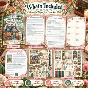May include: A 7-page printable solo RPG game titled The Little Bookshop on Willow Lane by Bree Matthews. The set includes a cover page, rules, event sheets, a journal, a 7-day tracker, and two cutout sheets featuring bookshop illustrations.