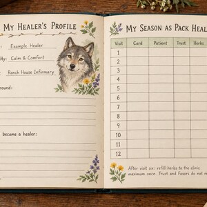 May include: An open journal with cream-colored pages featuring floral illustrations. The left page is titled My Healer's Profile with a wolf illustration, while the right page contains a table titled My Season as Pack Healer with twelve rows.