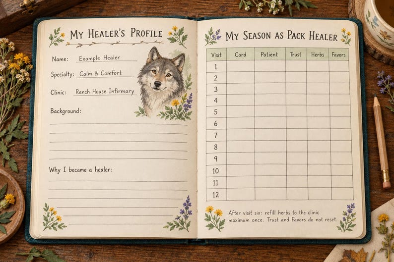 May include: An open journal with cream-colored pages featuring floral illustrations. The left page is titled My Healer's Profile with a wolf illustration, while the right page contains a table titled My Season as Pack Healer with twelve rows.