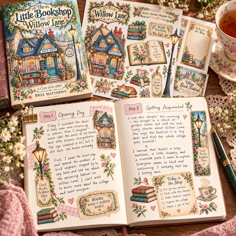 May include: A book titled The Little Bookshop on Willow Lane, a sticker sheet, and an open journal featuring handwritten entries, floral illustrations, and drawings of a bookshop, street lamps, and stacks of books. A fountain pen rests on the journal.