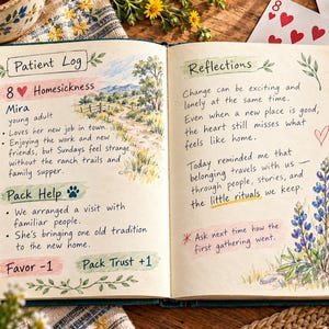 May include: An open journal with handwritten text and watercolor illustrations. The left page is titled Patient Log and features a landscape drawing. The right page is titled Reflections and includes a blue lupine flower illustration.