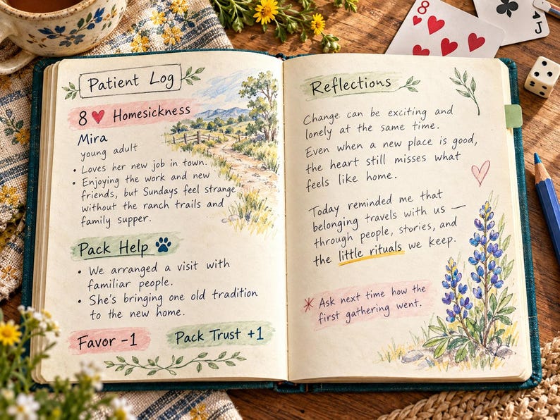 May include: An open journal with handwritten text and watercolor illustrations. The left page is titled Patient Log and features a landscape drawing. The right page is titled Reflections and includes a blue lupine flower illustration.