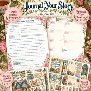 May include: A printable solo role-playing game kit titled Journal Your Story, featuring floral-bordered journal pages with seven daily prompts, a seven-day tracker, and a sheet of illustrated cutouts including a bookshop and books.