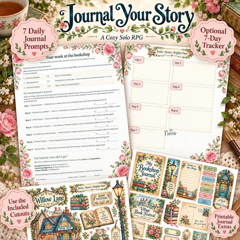 May include: A printable solo role-playing game kit titled Journal Your Story, featuring floral-bordered journal pages with seven daily prompts, a seven-day tracker, and a sheet of illustrated cutouts including a bookshop and books.
