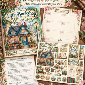 May include: A Cozy Solo RPG and Journaling Kit titled The Little Bookshop on Willow Lane by Bree Matthews. Includes a game book, a daily tracker sheet, a page of illustrated cutouts, and a rule sheet with instructions for a 7-day story game.