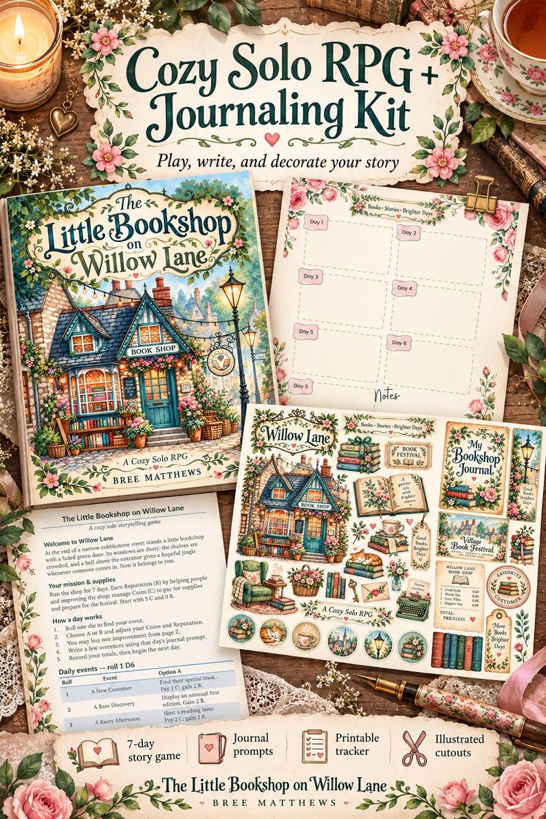 May include: A Cozy Solo RPG and Journaling Kit titled The Little Bookshop on Willow Lane by Bree Matthews. Includes a game book, a daily tracker sheet, a page of illustrated cutouts, and a rule sheet with instructions for a 7-day story game.