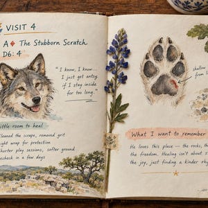 May include: An open journal page titled VISIT 4 A The Stubborn Scratch featuring a watercolor illustration of a wolf, a paw print with a red mark, a pressed blue flower, and handwritten notes about healing and nature observations.