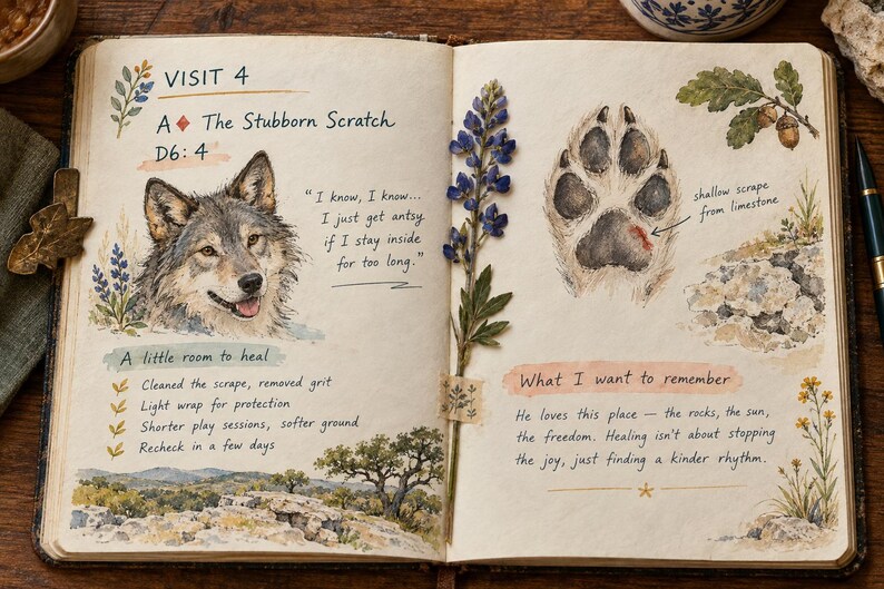 May include: An open journal page titled VISIT 4 A The Stubborn Scratch featuring a watercolor illustration of a wolf, a paw print with a red mark, a pressed blue flower, and handwritten notes about healing and nature observations.