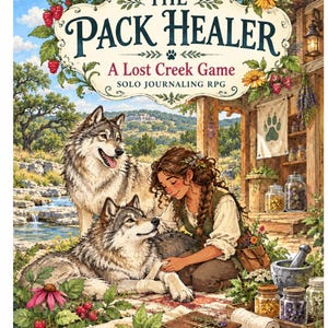 May include: The Pack Healer A Lost Creek Game solo journaling RPG cover art features a person bandaging a wolf's paw while another wolf stands nearby. The scene includes glass jars, a mortar and pestle, a book, and wildflowers in a forest.