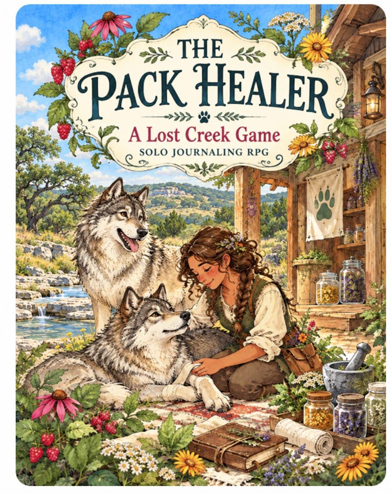 May include: The Pack Healer A Lost Creek Game solo journaling RPG cover art features a person bandaging a wolf's paw while another wolf stands nearby. The scene includes glass jars, a mortar and pestle, a book, and wildflowers in a forest.