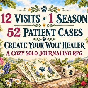 May include: A solo journaling RPG game set featuring a deck of cards with floral and paw print designs, a six-sided die with paw prints, and text reading 12 VISITS 1 SEASON 52 PATIENT CASES CREATE YOUR WOLF HEALER A COZY SOLO JOURNALING RPG.