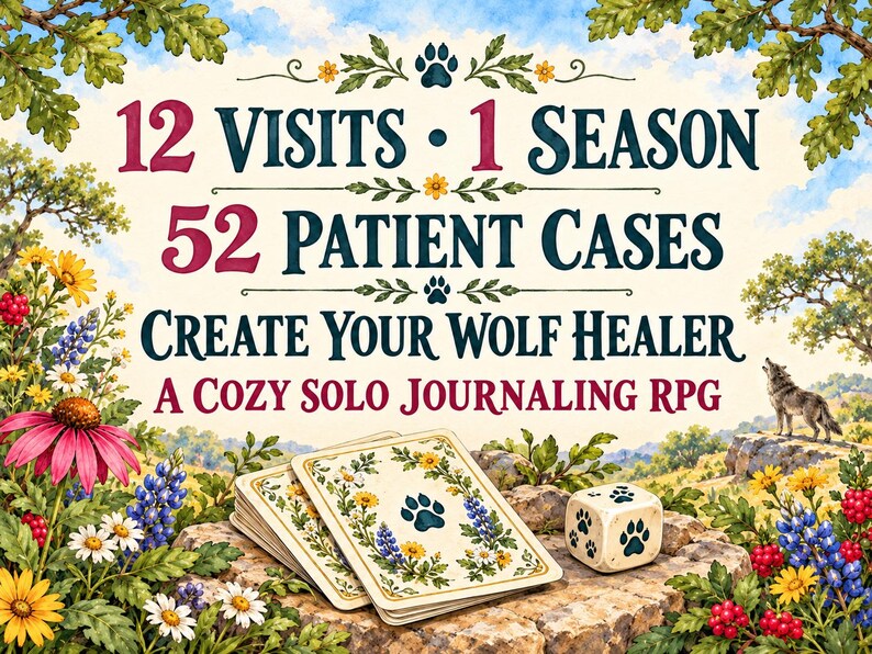 May include: A solo journaling RPG game set featuring a deck of cards with floral and paw print designs, a six-sided die with paw prints, and text reading 12 VISITS 1 SEASON 52 PATIENT CASES CREATE YOUR WOLF HEALER A COZY SOLO JOURNALING RPG.