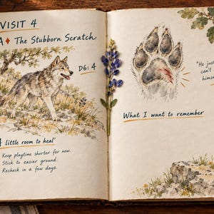 May include: An open journal page titled VISIT 4 A The Stubborn Scratch with a watercolor illustration of a wolf, a paw print with a red mark, and text including He just can't help himself, A little room to heal, and What I want to remember.