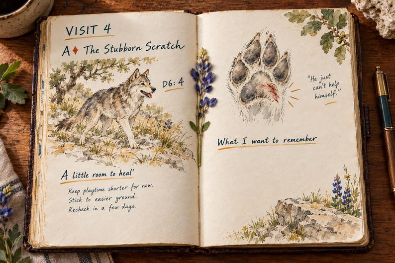 May include: An open journal page titled VISIT 4 A The Stubborn Scratch with a watercolor illustration of a wolf, a paw print with a red mark, and text including He just can't help himself, A little room to heal, and What I want to remember.