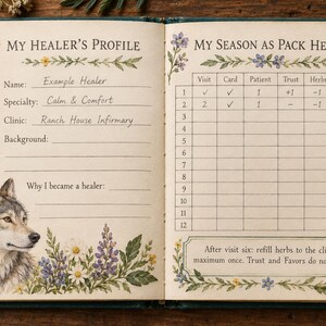 May include: An open journal with cream-colored pages featuring floral illustrations and a wolf portrait. The left page is titled My Healer's Profile with fields for name and specialty. The right page is a table titled My Season as Pack Healer.