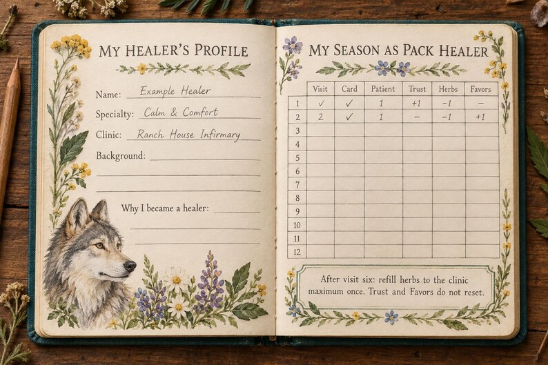 May include: An open journal with cream-colored pages featuring floral illustrations and a wolf portrait. The left page is titled My Healer's Profile with fields for name and specialty. The right page is a table titled My Season as Pack Healer.