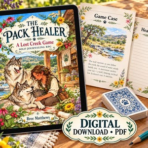 May include: A digital solo journaling RPG titled The Pack Healer by Bree Matthews, displayed on a tablet screen alongside a printed game case, a lined healer journal, a deck of blue patterned cards, a white die, and a pencil.